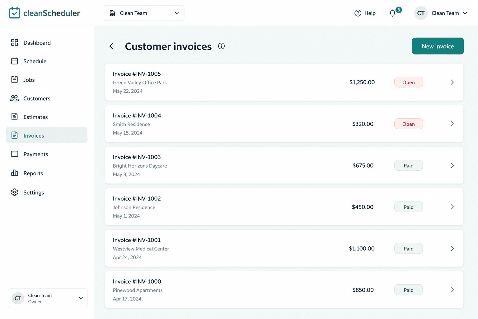 Clean Scheduler invoice list with payment status and amounts due
