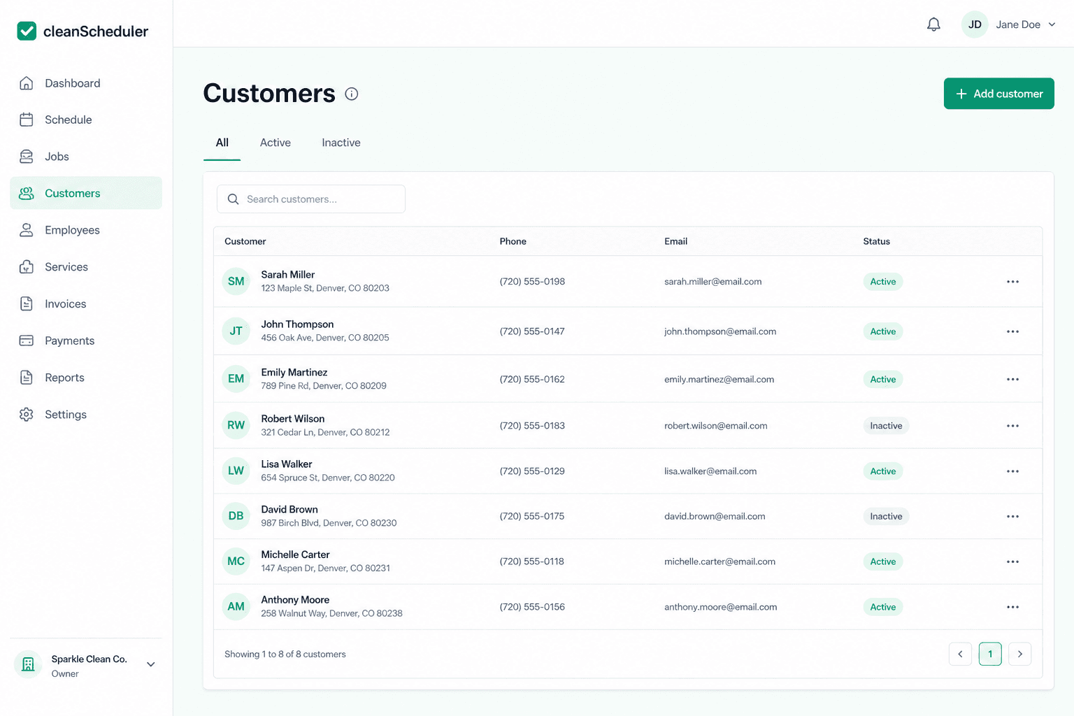Clean Scheduler customer directory with residential and commercial accounts