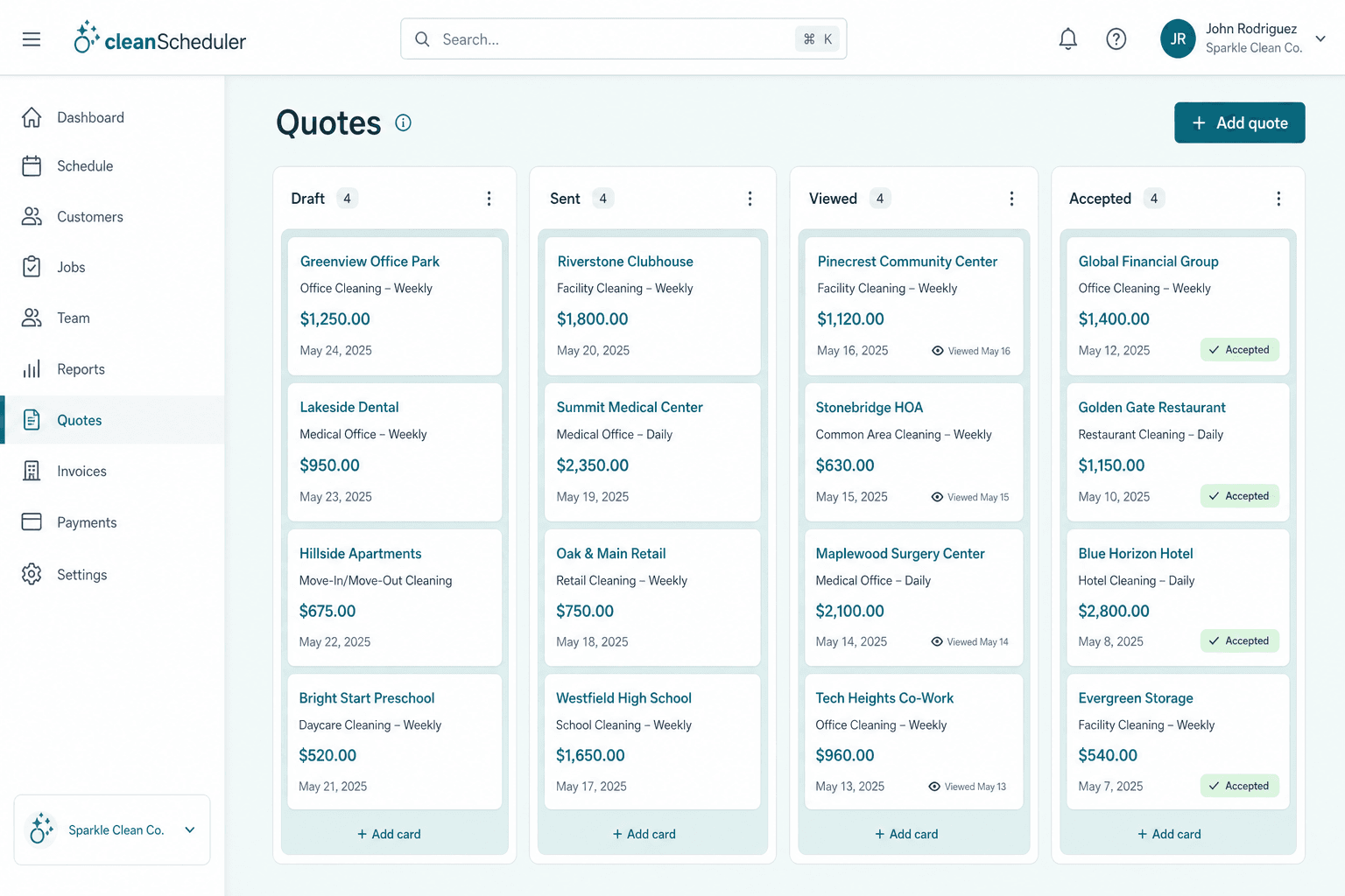 Clean Scheduler quotes pipeline with estimate cards by status
